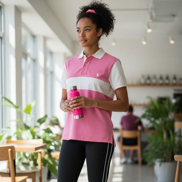 Ralph Lauren Tops - Ralph Lauren Sport Pink & White Striped Polo Shirt – Size M